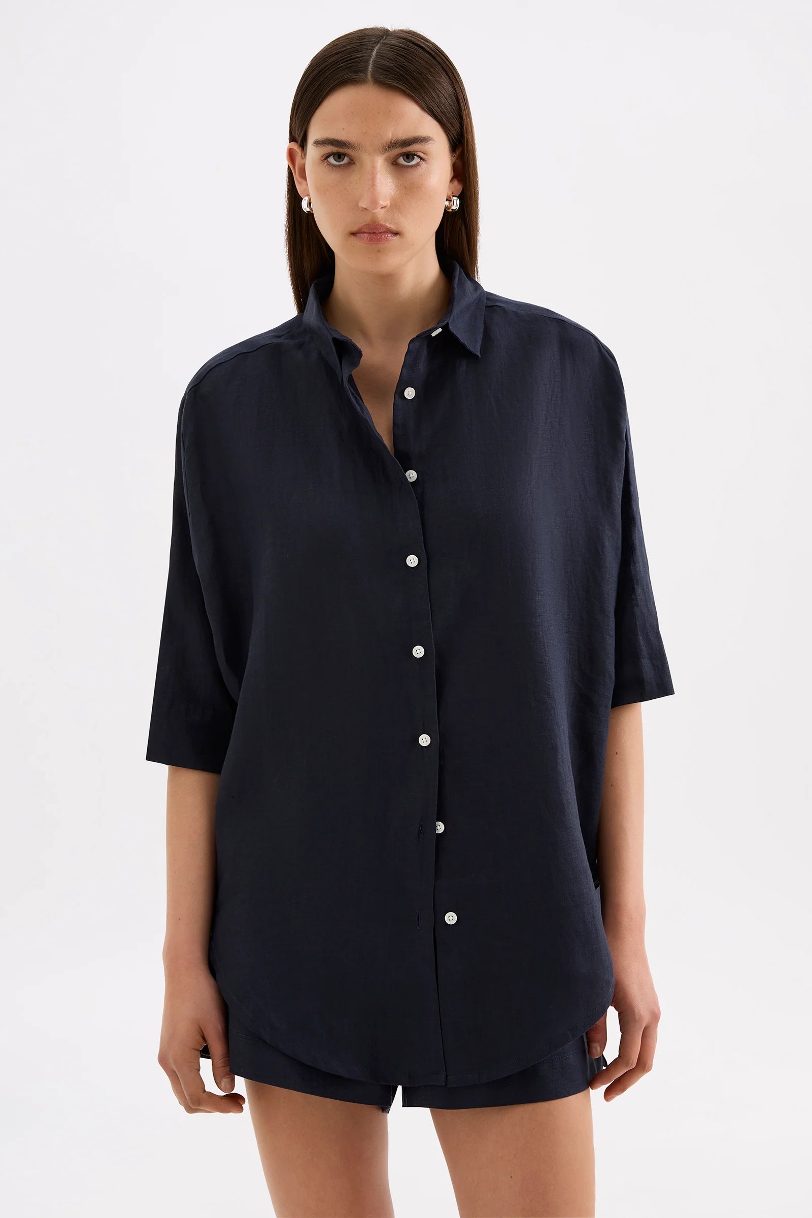 Lounge Linen Longline Shirt Navy