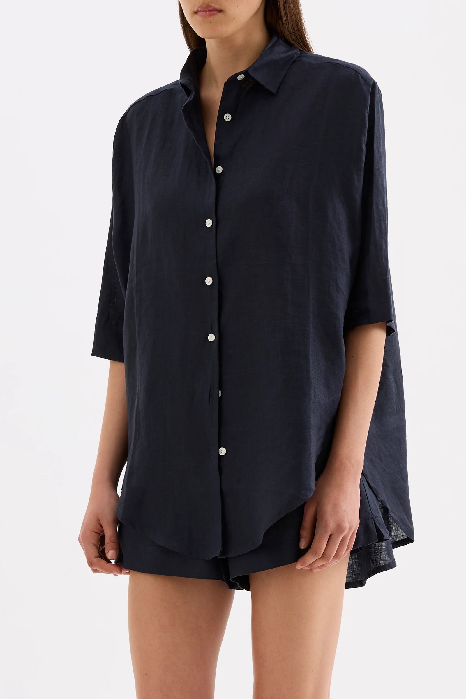 Lounge Linen Longline Shirt Navy