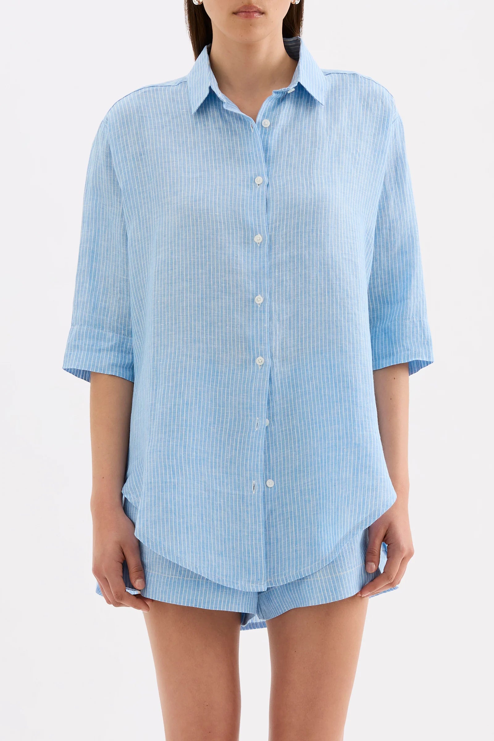 Lounge Stripe Linen Longline Shirt Cove Stripe