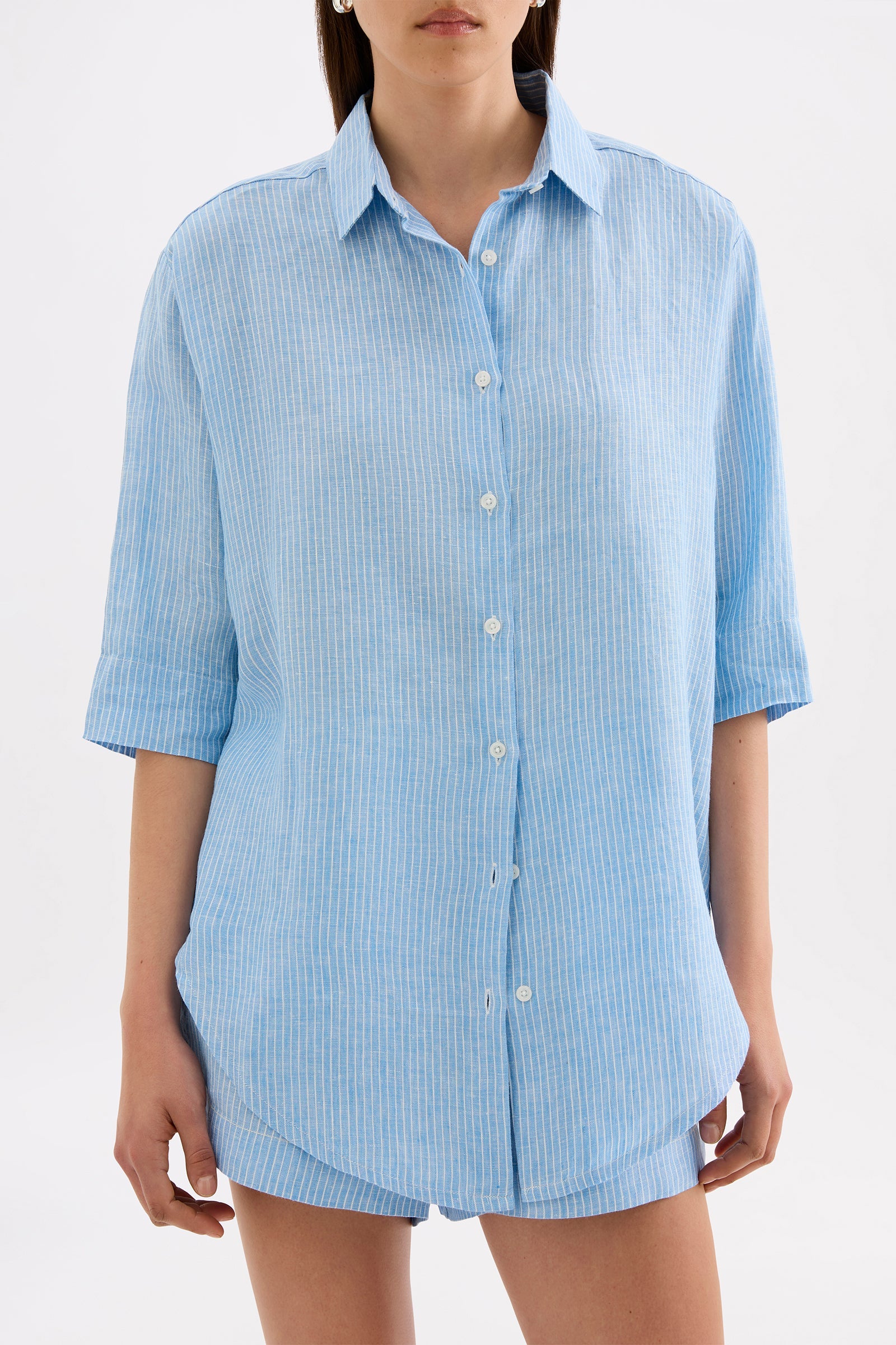 Lounge Stripe Linen Longline Shirt Cove Stripe