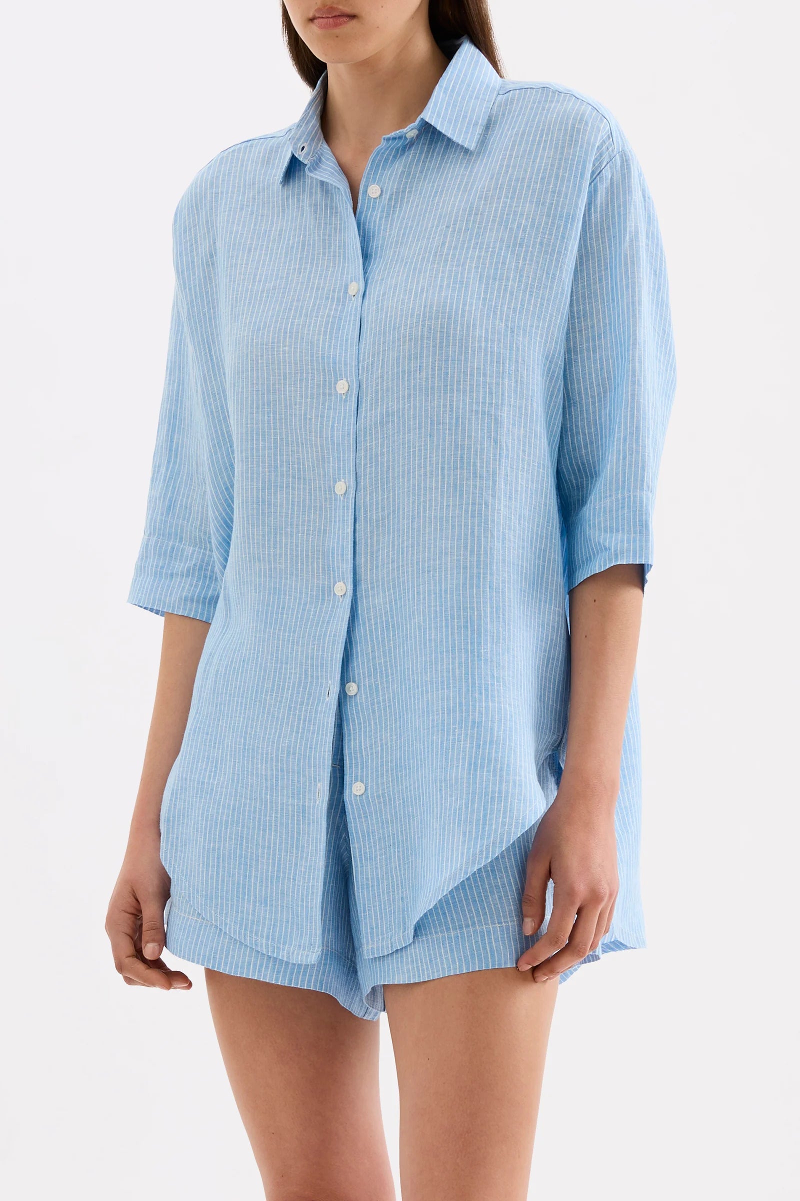 Lounge Stripe Linen Longline Shirt Cove Stripe