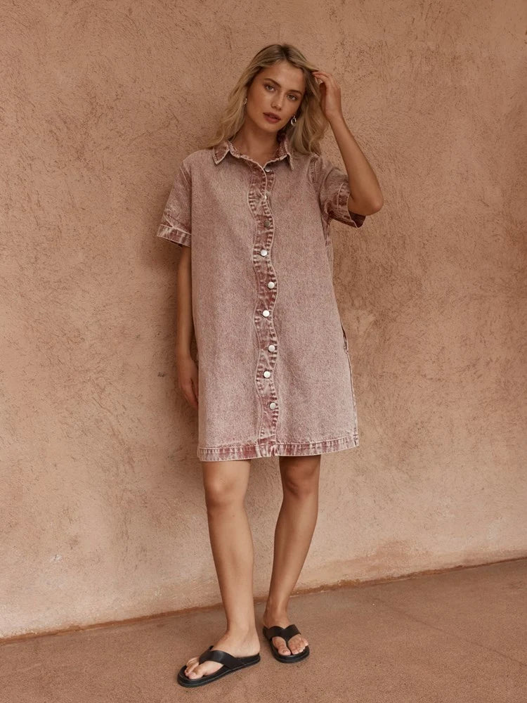 Pepe Wave Denim Dress Rusty Red