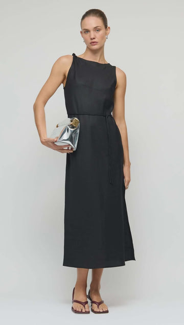 Sabine Linen Blend Black Midi Dress