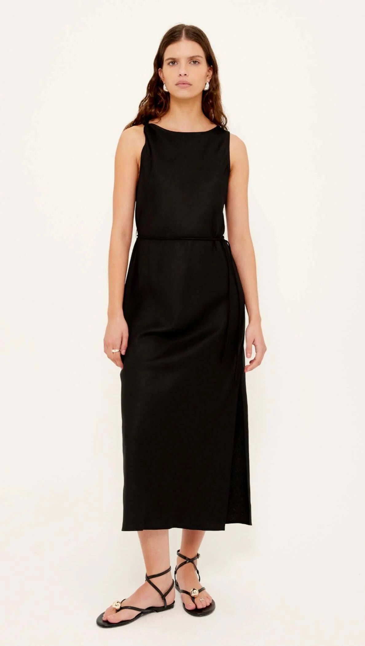Sabine Linen Blend Black Midi Dress