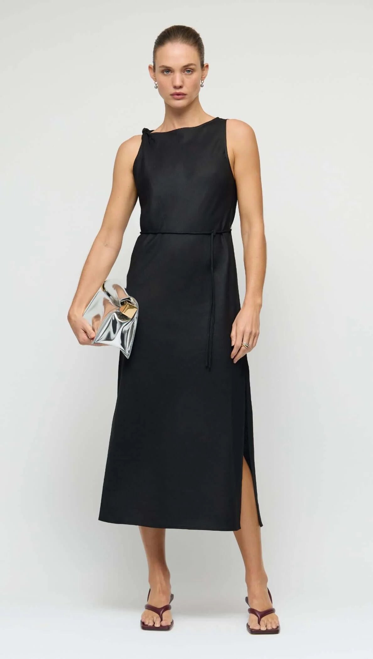 Sabine Linen Blend Black Midi Dress