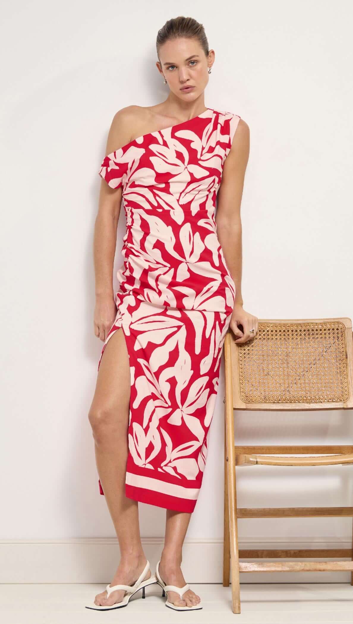 Serata Red & White Floral Asymmetrical Midi Dress