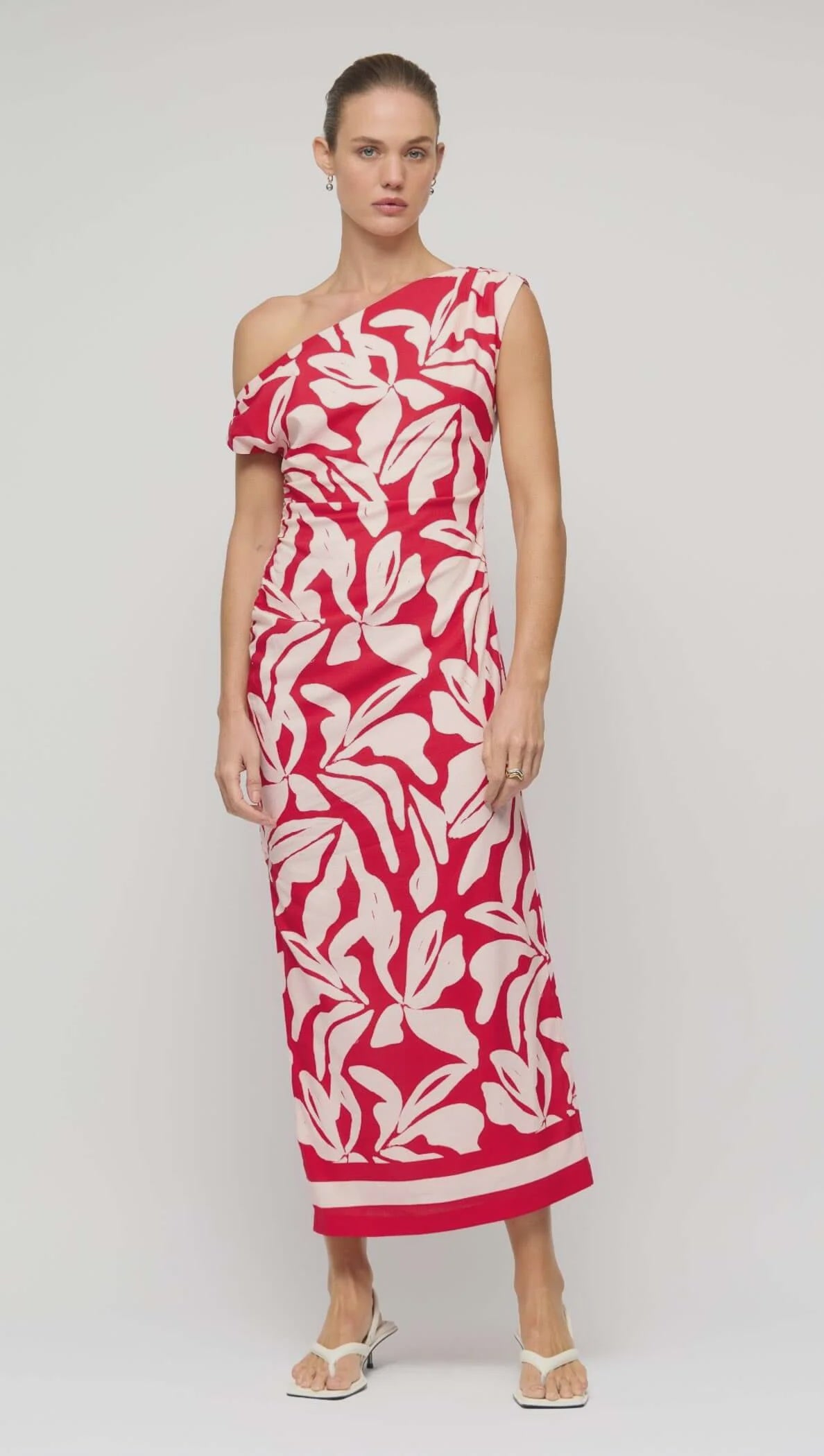 Serata Red & White Floral Asymmetrical Midi Dress