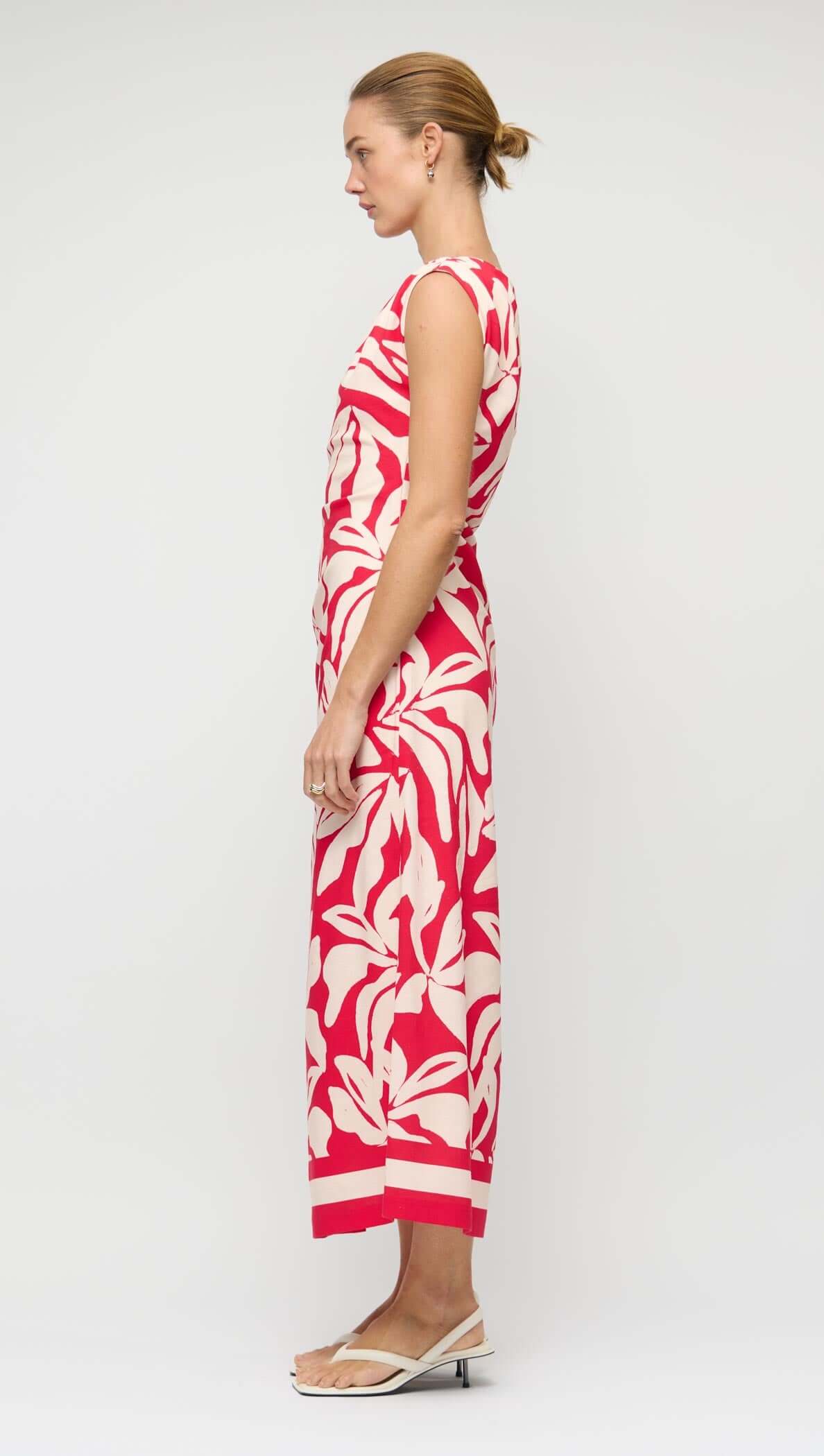 Serata Red & White Floral Asymmetrical Midi Dress