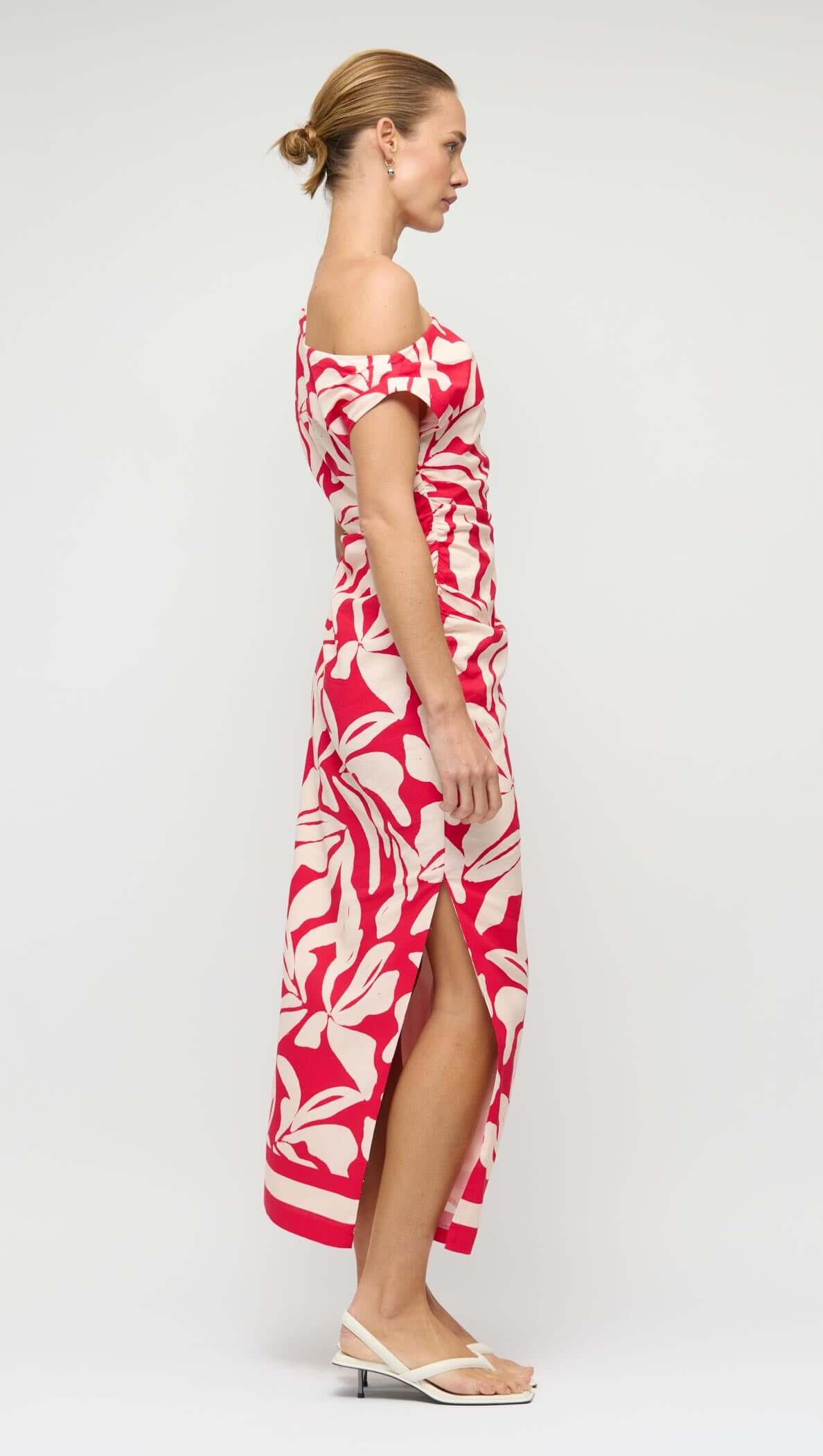 Serata Red & White Floral Asymmetrical Midi Dress