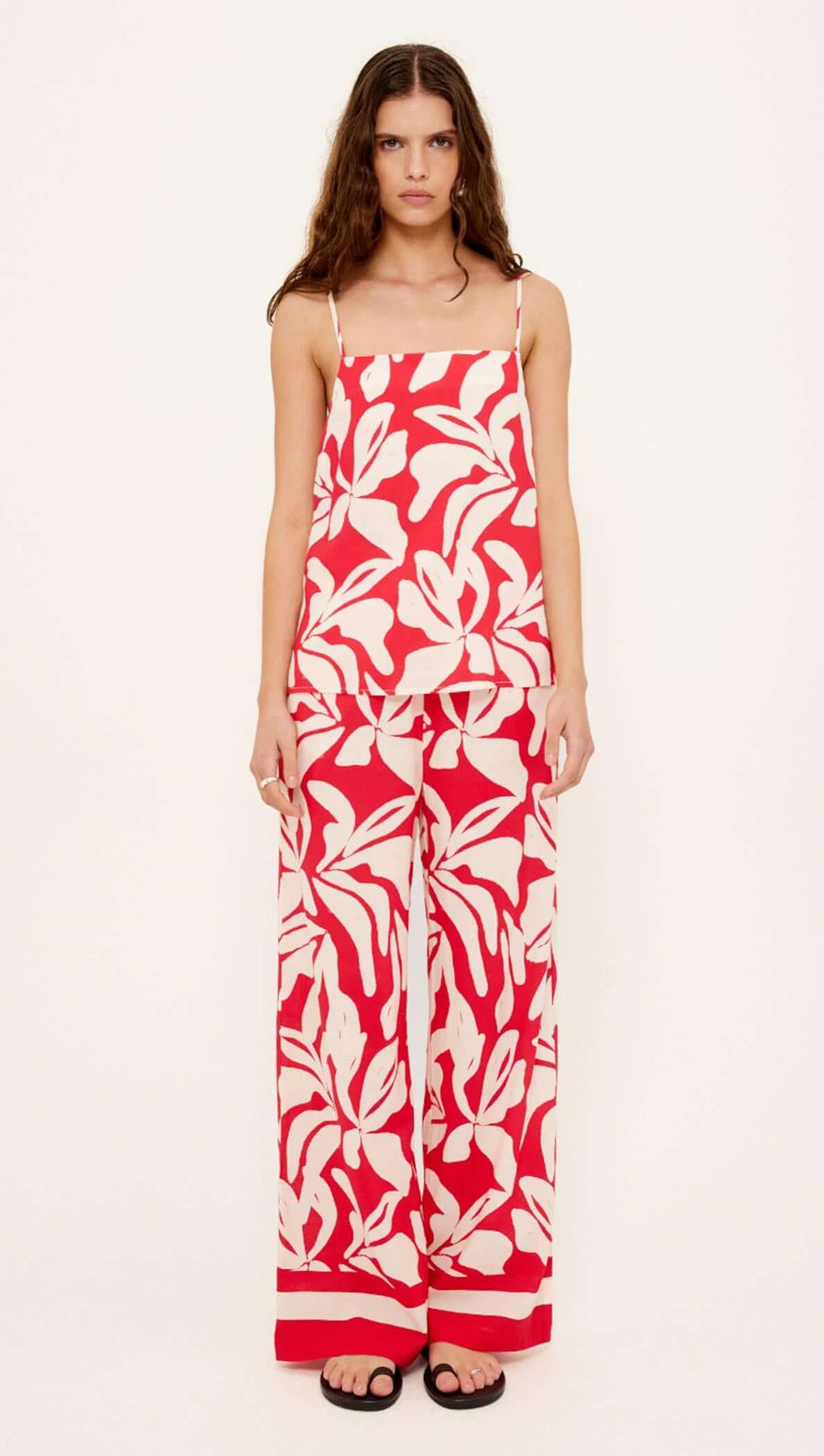 Serata Cotton Blend Red & White Floral Print Drawstring Pants