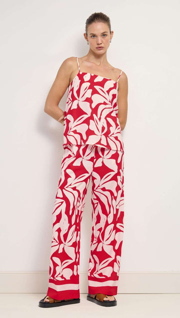 Serata Cotton Blend Red & White Floral Print Drawstring Pants