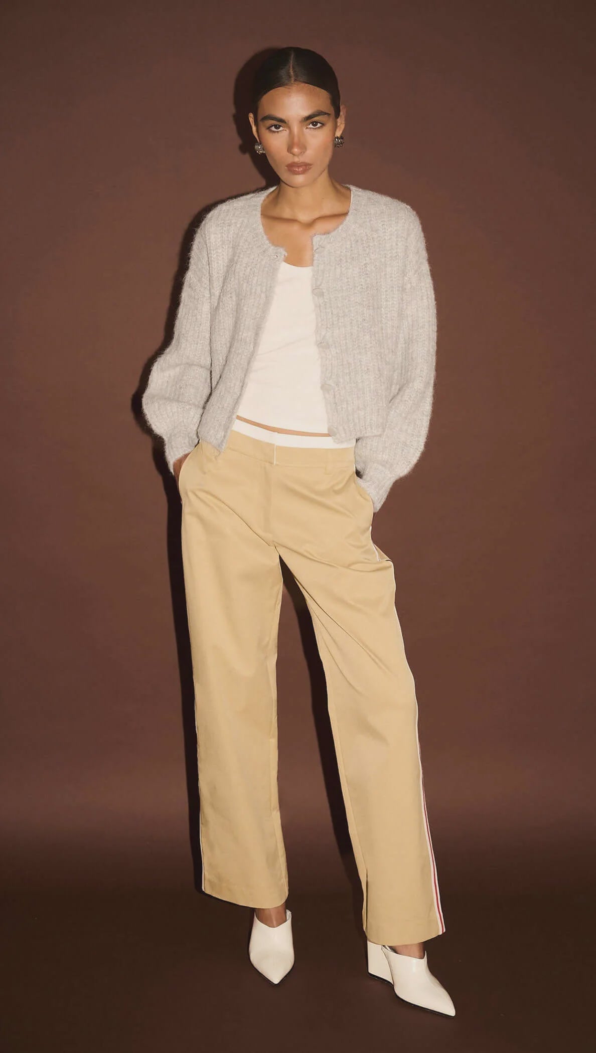 Anja Beige Striped Contrast Waist Pants