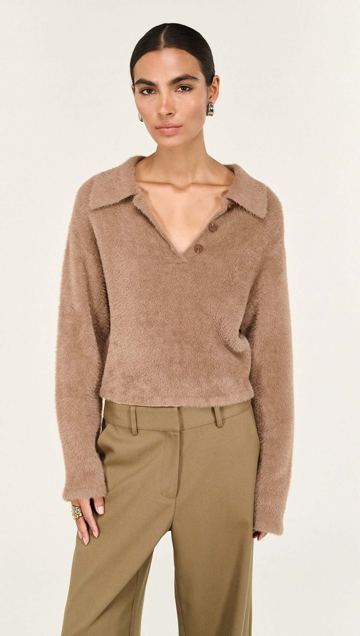 Ember Mocha Fluffy Knit Polo Jumper