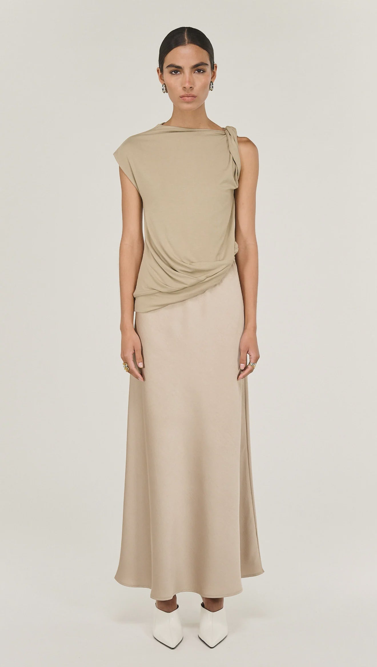 Champagne Bias Cut Satin Maxi Skirt