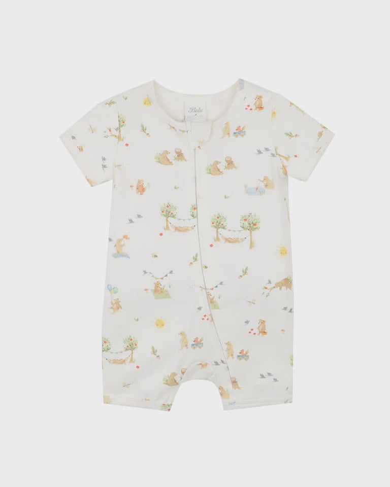 Bear Print Organic Short Sleeve Zip Romper
