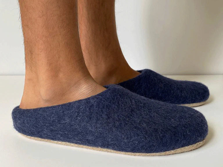 Mens Navy Wool Slippers