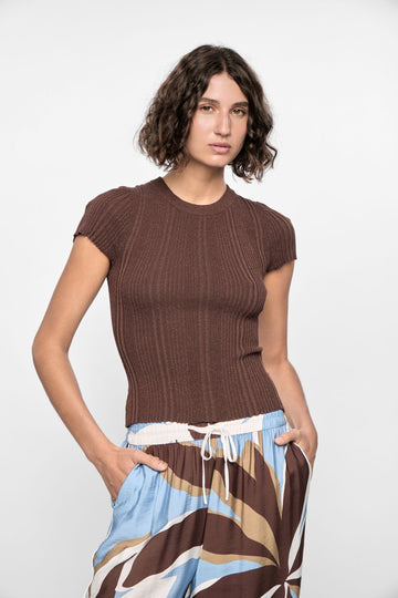 Maya Ribbed Knit Tee - Espresso