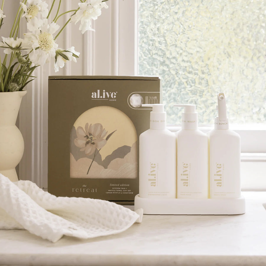 The Retreat Kitchen Trio + Waffle Towel Gift Set - Lemon Myrtle & Honeydew