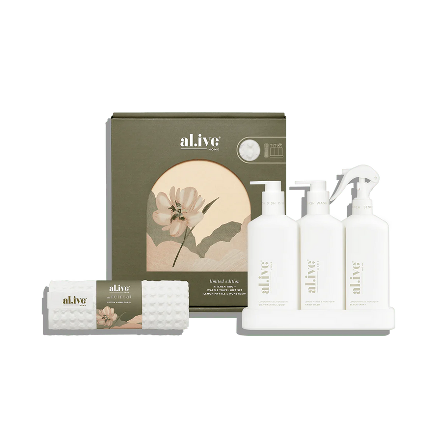 The Retreat Kitchen Trio + Waffle Towel Gift Set - Lemon Myrtle & Honeydew