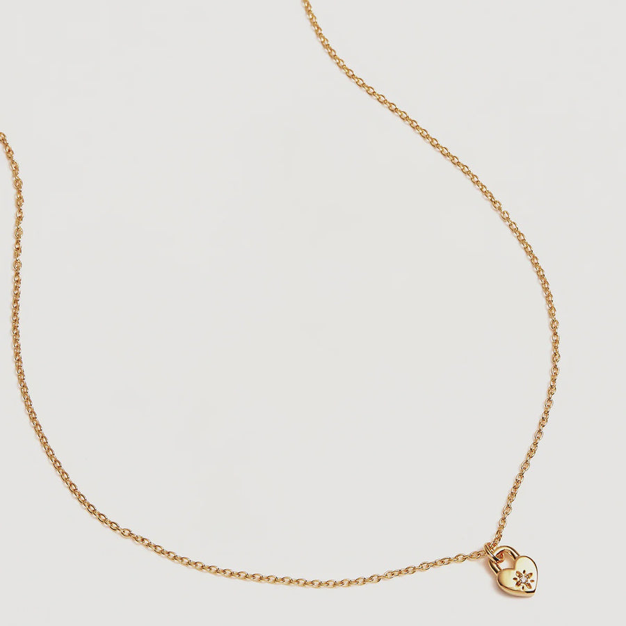 Crystal Lotus Heart Padlock Necklace - Gold