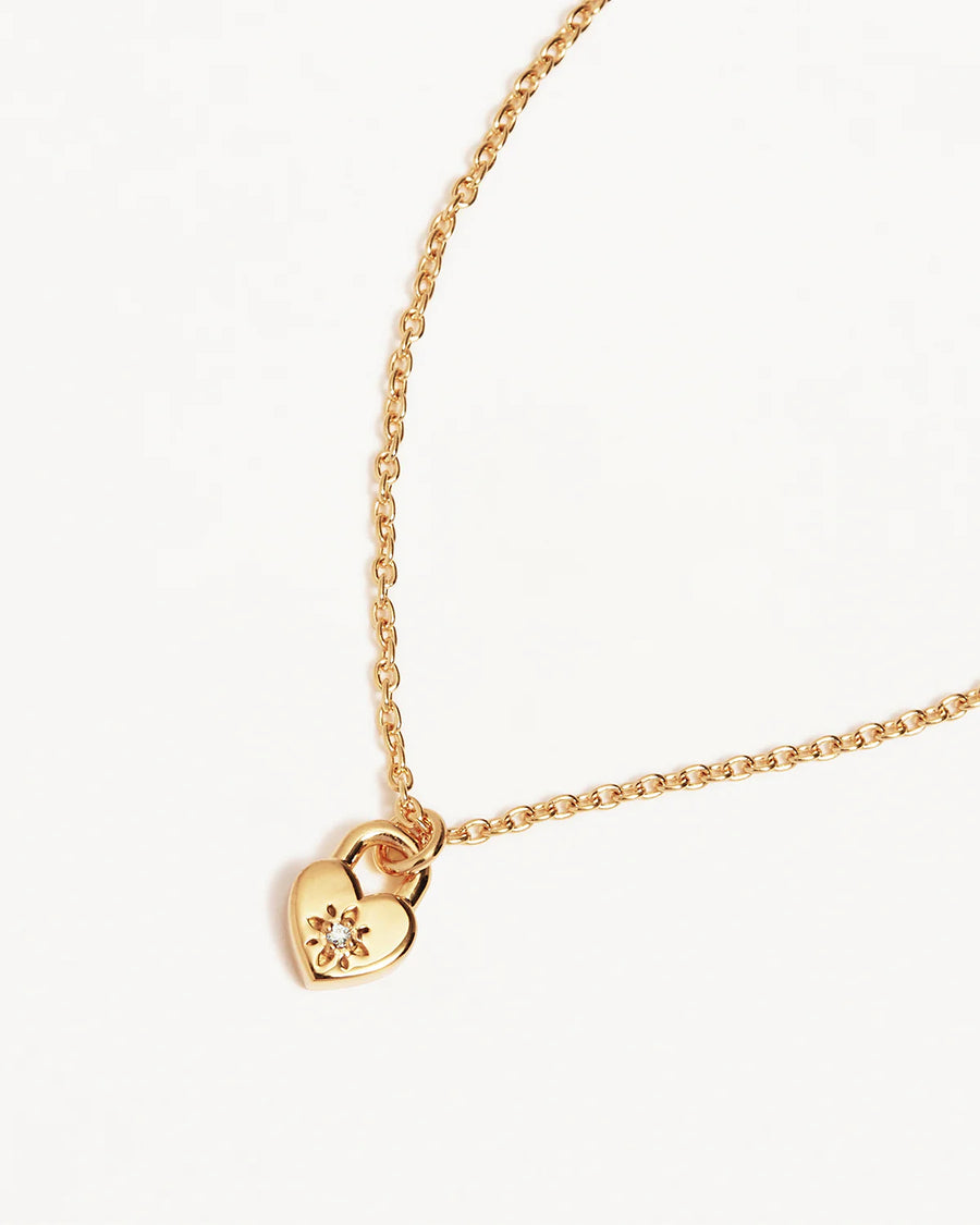 Crystal Lotus Heart Padlock Necklace - Gold