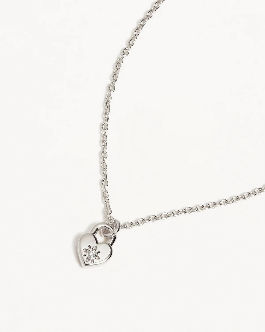 Crystal Lotus Heart Padlock Necklace - Silver