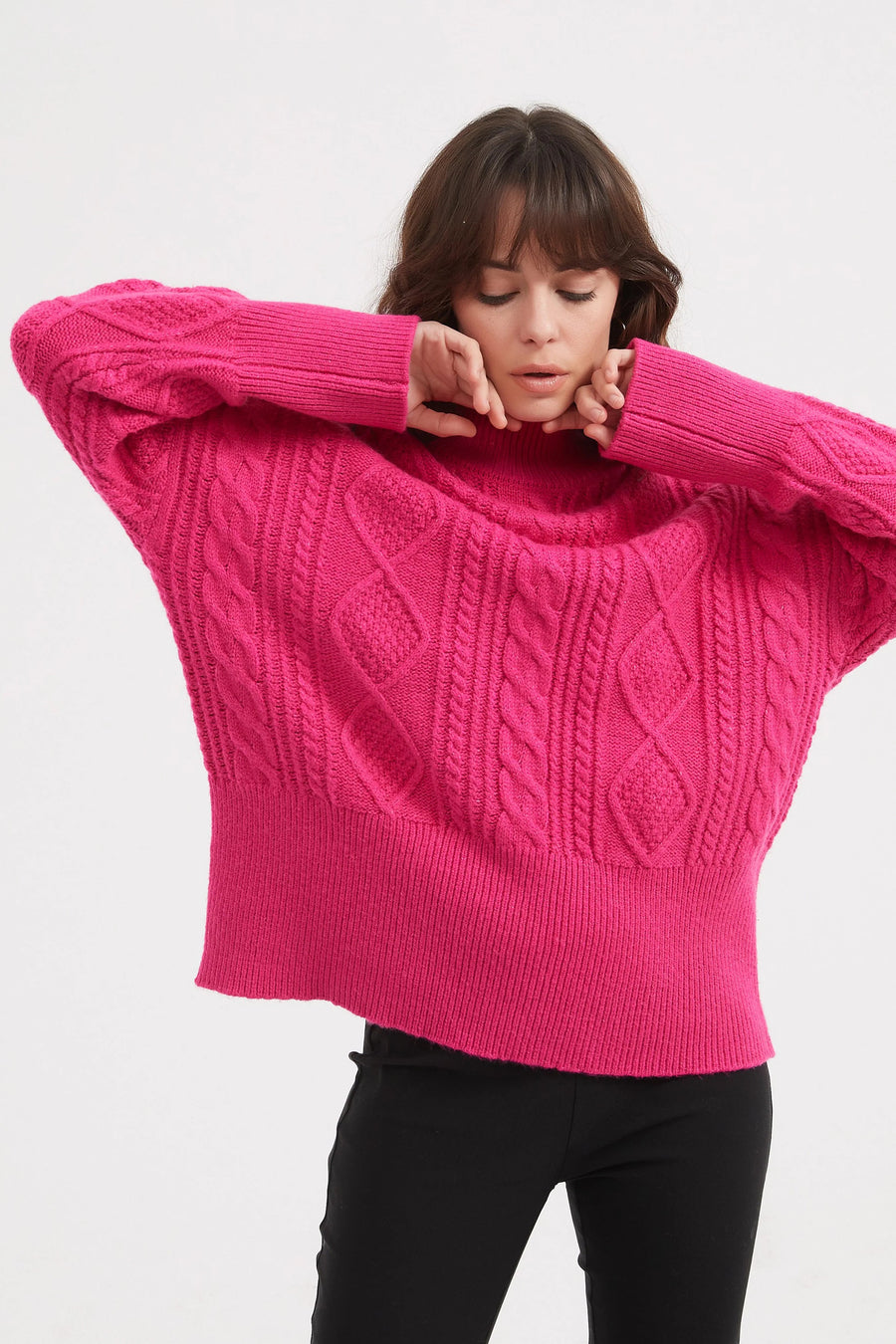 Classic Cable Turtle Neck Knit Hot Pink - Kohl and Soda