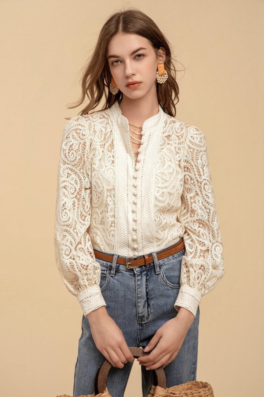 Shop Irina Lace Button Blouse Beige - At Kohl and Soda | Ready To Ship!